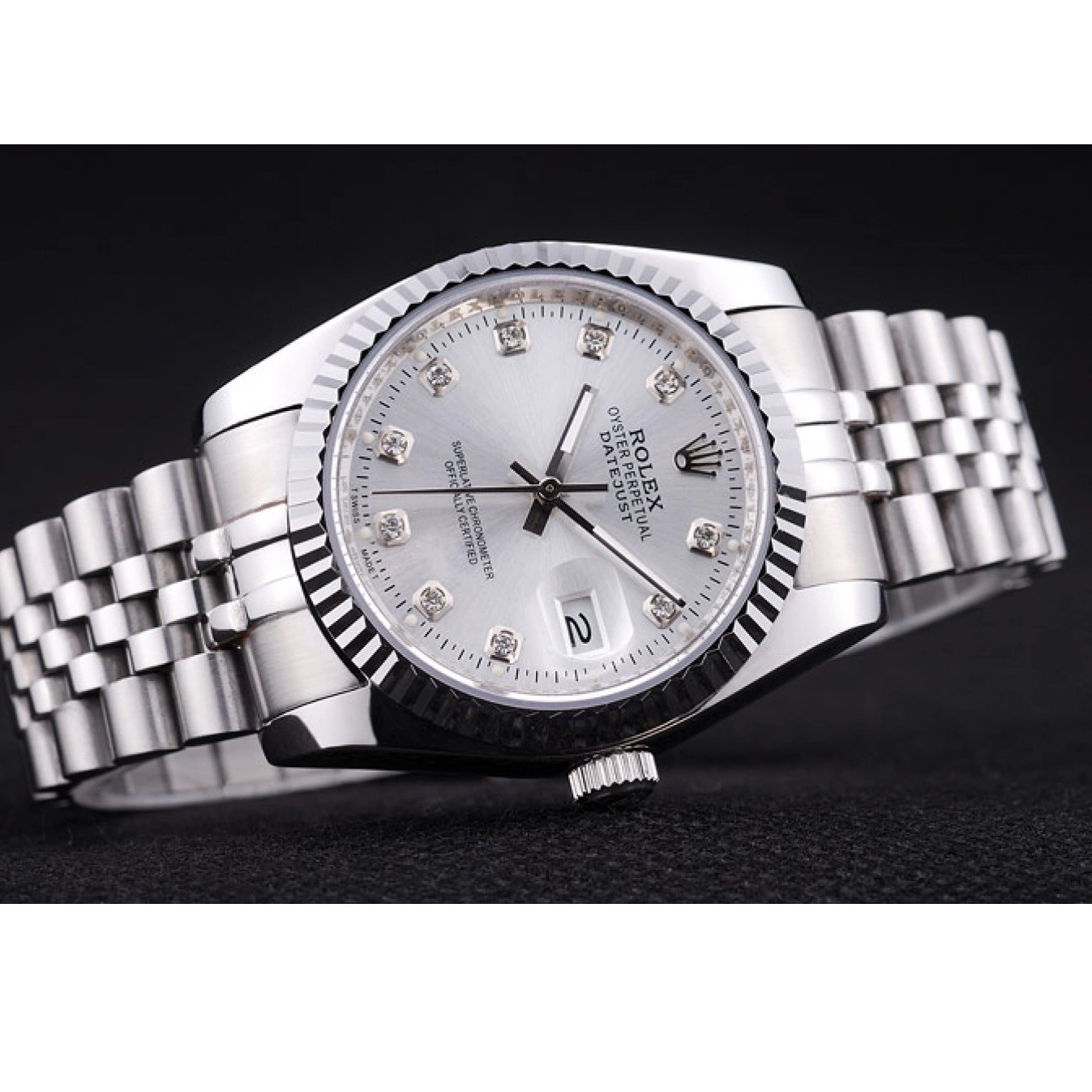 Aaa replica watch Diamonds Ribbed Rolex Bezel 7455 Datejust Silver Dial 0723